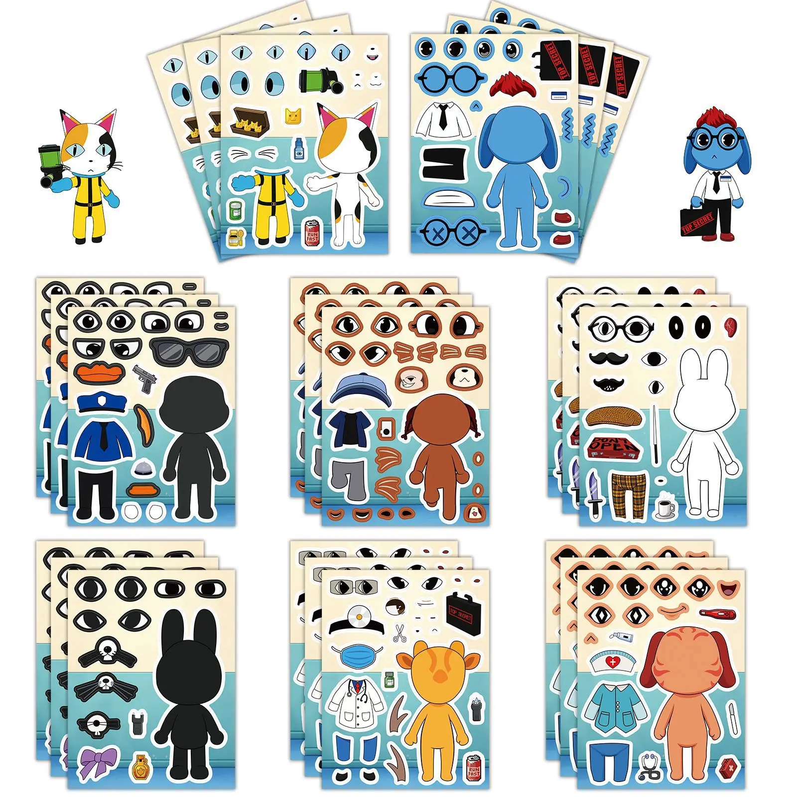 Party Games Children - 8 Stück/Set Tierklinik-Puzzle, Anomalie-Aufkleber, Gesichter gestalten,