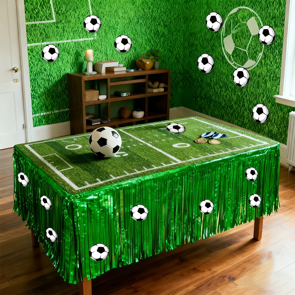 Party Games At Wedding - Grüner Folien-Tischrock und 10 Fußball-Aufkleber-Set für
